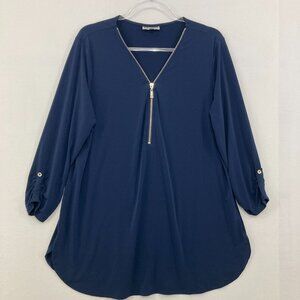 JM Collection size XL Navy Half Zip Rolled Tab Stretch Knit Blouse Office